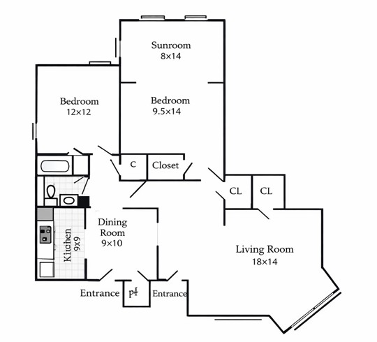 Floor plan for 2 beds, 1 bath, 769 sqft
